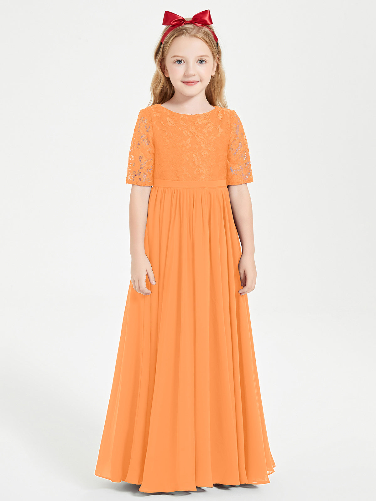 Lace Top Half Sleeved Junior Bridesmaids Dresses Orange